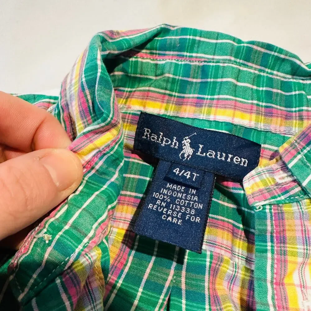 Ralph Lauren Spring Plaid 100% Cotton Button Down Long Sleeve Top Sz 4/4t